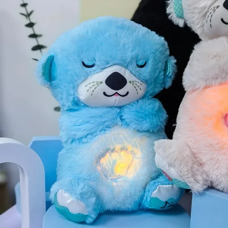 Baby Breathing Bear Baby Soothing Otter Plush Doll Toy Baby Kids Soothing Music Sleeping Companion Sound and Light Doll Toy Gift