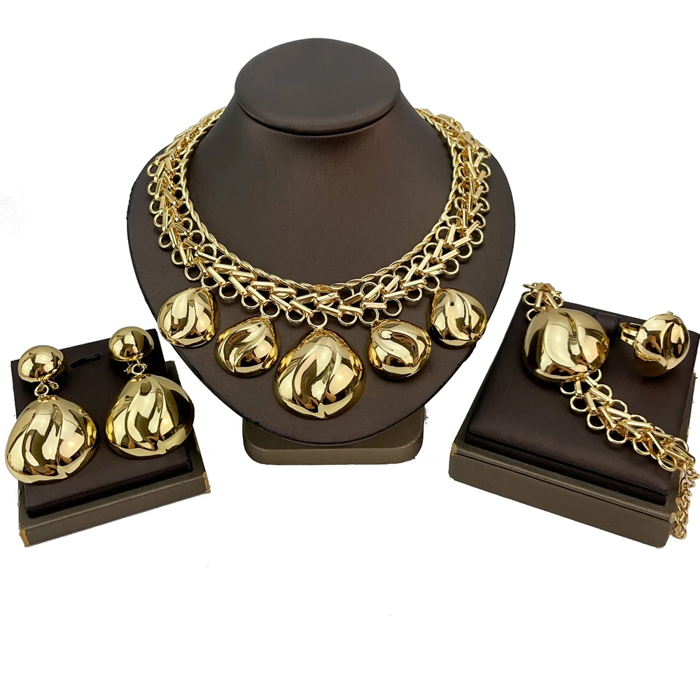 EMMA المرأة الأفريقية قلادة أقراط سوار فستان الزفاف حتى اكسسوارات طقم مجوهرات مطلية بالذهب الإيطالي FHK21633