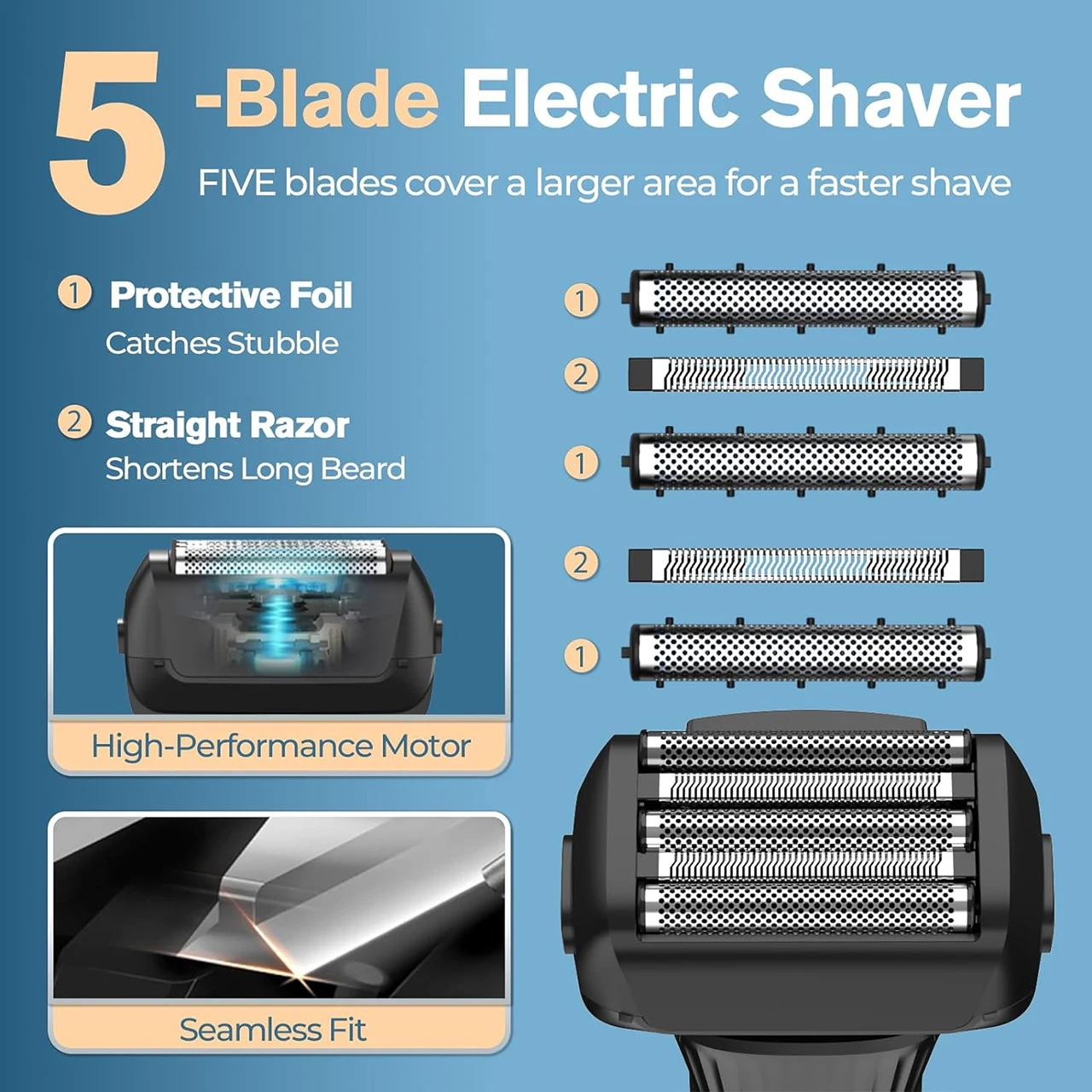 Hatteker 5-Blade Electric Shaver with Digital Display Washable Alloy Body Reciprocating Beard Razor Men's Shaving Razor