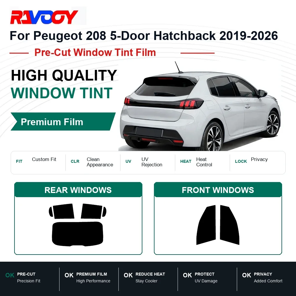 Premium Pre-Cut Window Tint For Peugeot 208 5-Door Hatchback 2019-2026 Front & Rear Windows UV Heat Rejection Privacy Film