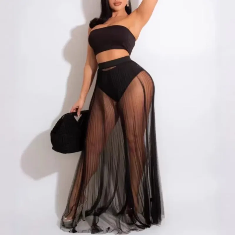 Summer Elegant Solid Casual Holiday Party Woman 3 Piece Set Outfit Fashion Sexy Mesh Long Skirt Chest-wrapped Three-piece Suit