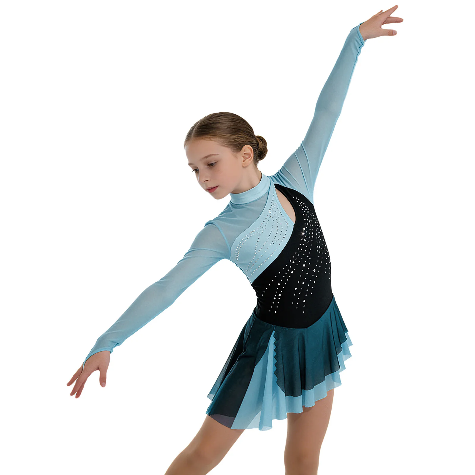 

Детский костюм для фигурного катания для девочек, сетчатое платье с длинными рукавами и блестящими стразами, балетный гимнастический купальник, современная танцевальная одежда