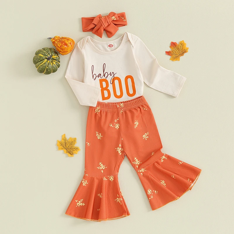 Cute Baby Girl Halloween Costume Set with Letter Print Romper Flower Pattern Flare Pants and Matching Headband for a Spooky