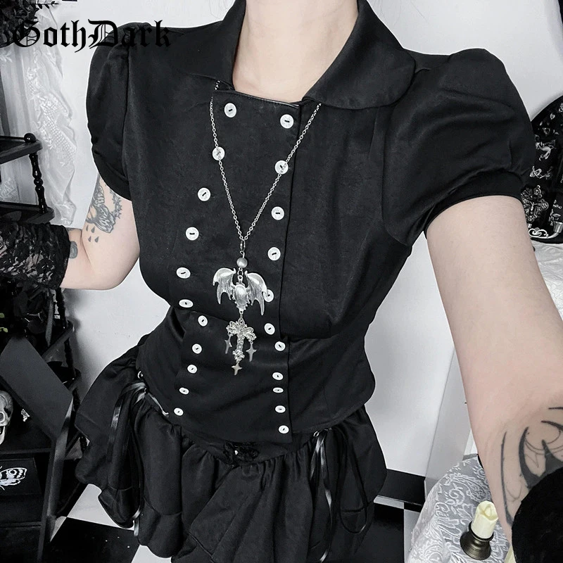 

Goth Dark Mall Gothic Aesthetic Short Sleeve Lapel Collar Shirts Tops Cutecore Button Slim Blouse Women Alt Techwear Y2K T-shirt