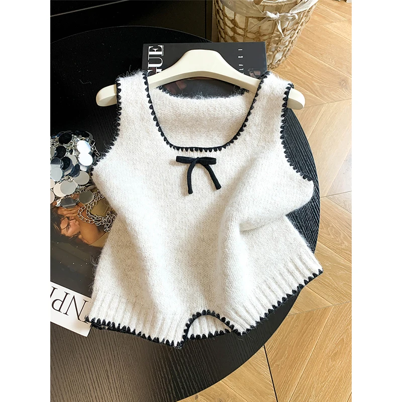 MEXZT Kawaii Bow Sweater Vest Women Cute Cropped Knitted Pullovers Waistcoat Fashion Korean Knitwears Winter Sleeveless Jumpers