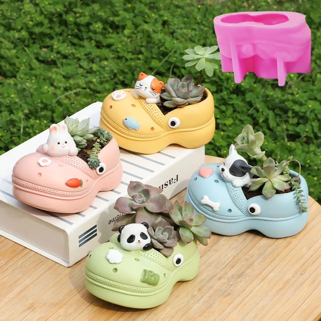 3D Animal Slippers Succulent Plant Flower Pot Resin Silicone Mold Hole Shoes Sandals Storage Box Pen Holder Concrete Gypsum Mold