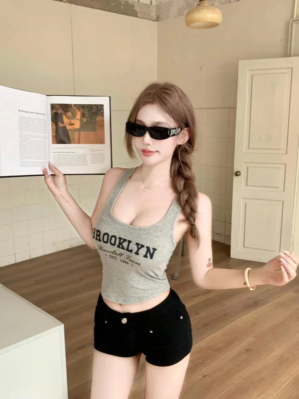 Sexy Spicy T-Back Vest with Built-in Chest Pad Exposing Waist Slimming Letter Print Design Breathable Thin Polyester Fiber Wo...