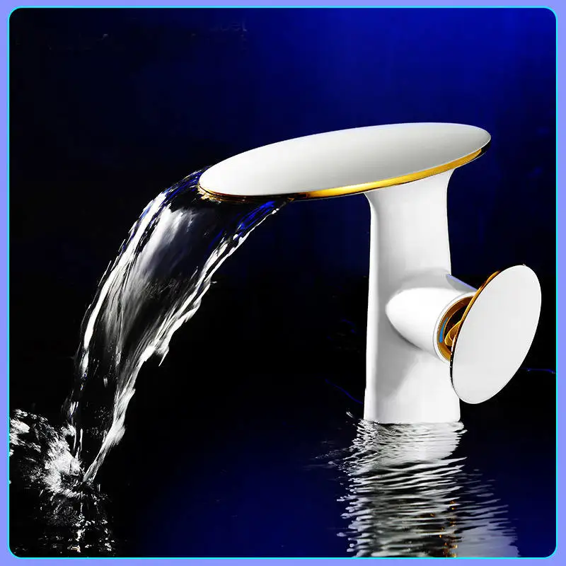 Modern Luxury White Gold Bathroom Faucet Sink Brass Unique Design Waterfall Basin Mixer Taps