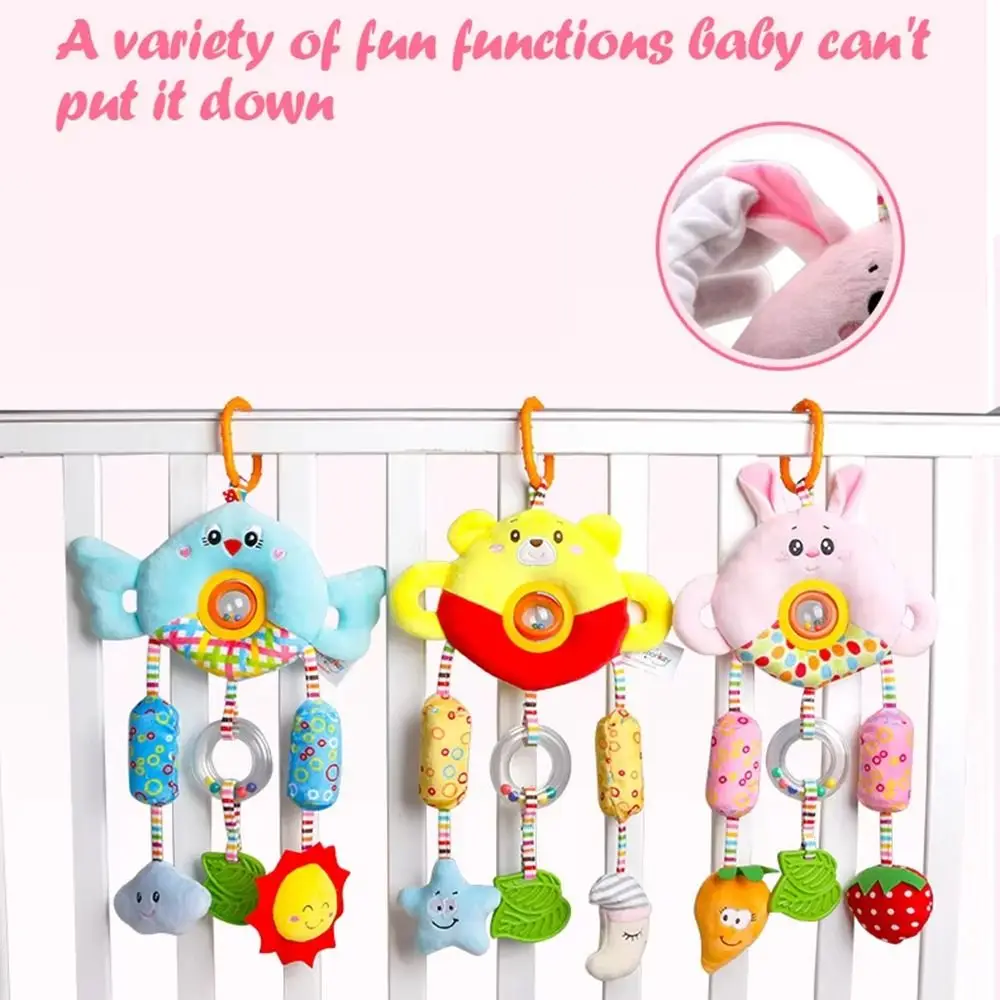 Soft Plush Sensory Stroller Hanging Pendants Rotate Teether Plush Animals Bed Bell Dolls with C Clip Comfortable To Touch