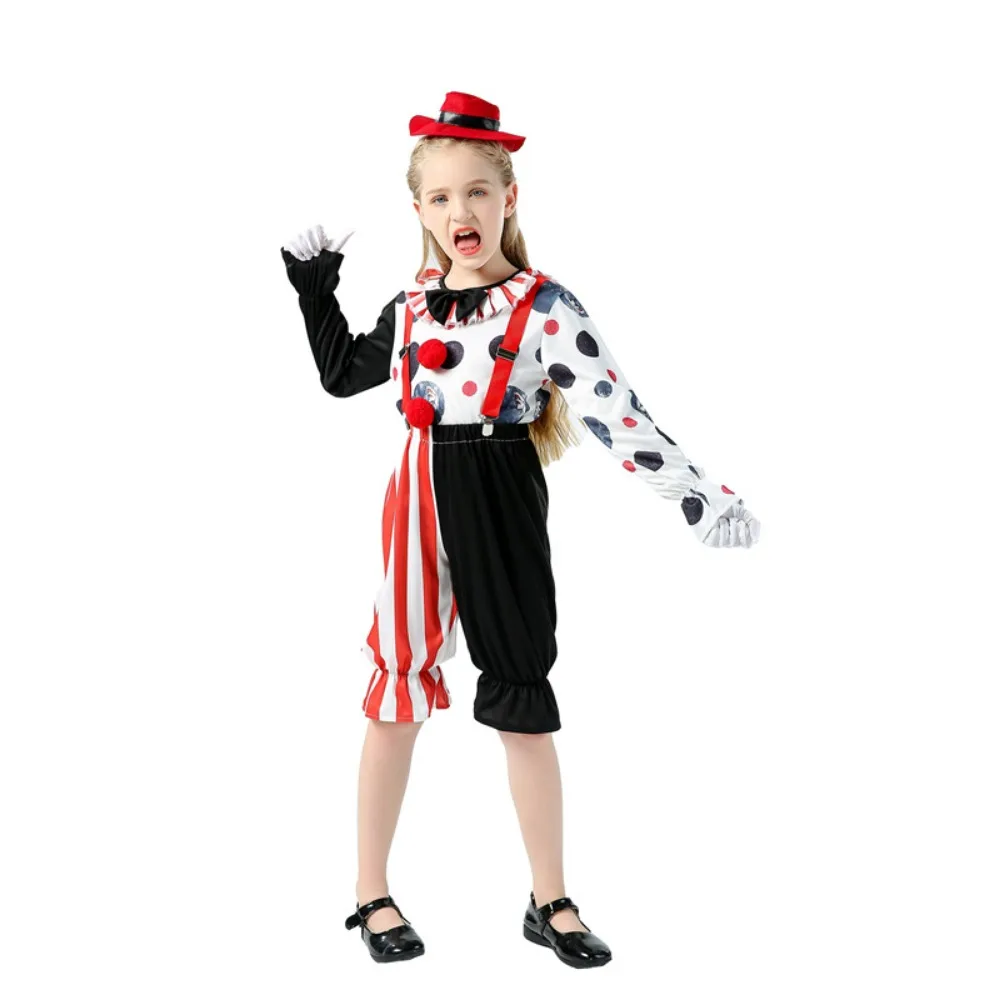 Clown Cosplay Horrifying Joker Red Strip Pant T Shirt Hat for Girl Boy Halloween Kids Costumse Carnival Stage Fancy Clothing