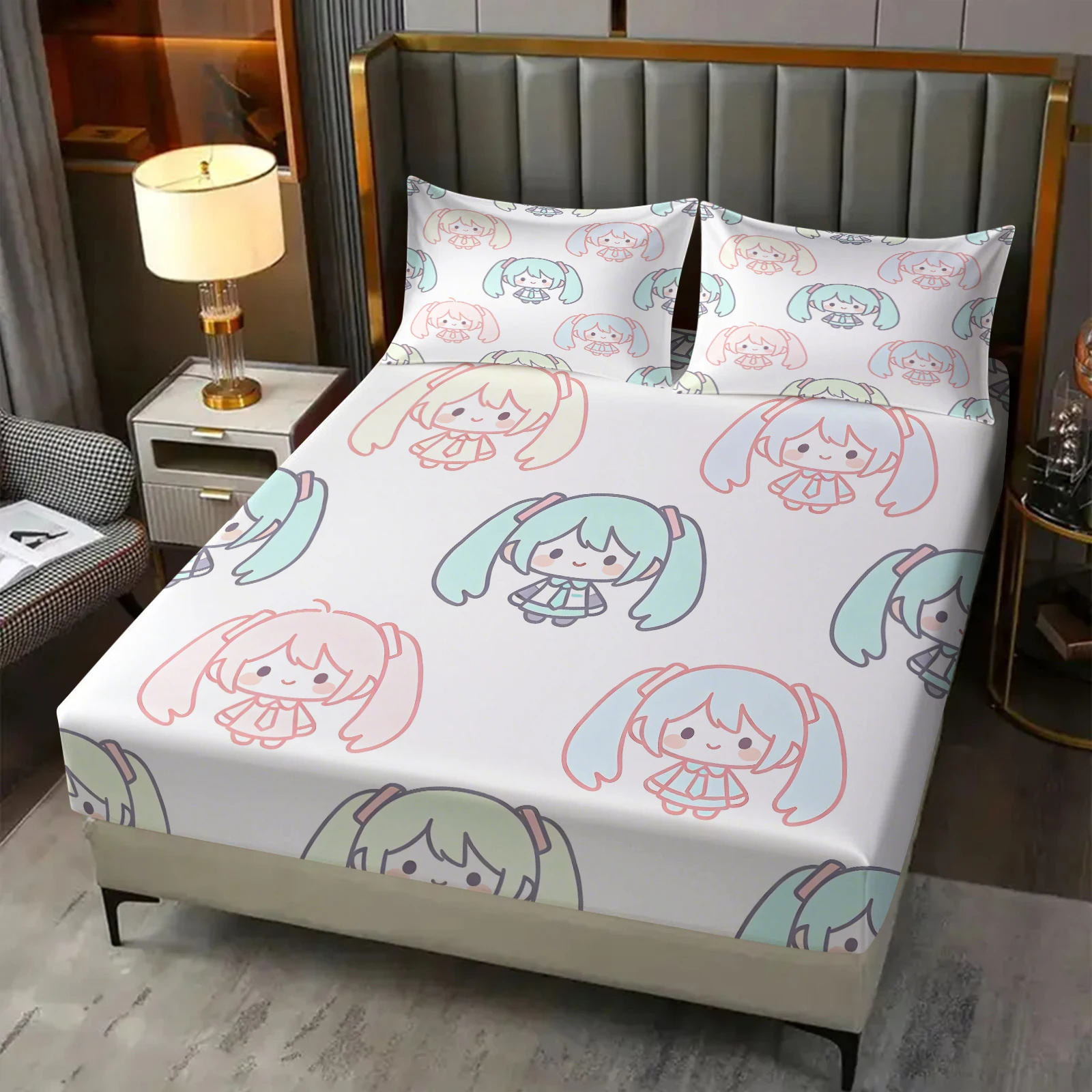 Hatsune Miku Futuristischer Tech-Anzug Spannbettlaken-Set Anime Sci-Fi Bettbezug mit Kissenbezügen Tiefe Taschen Fan-Zimmer-Deko Geschenk – Detail 9