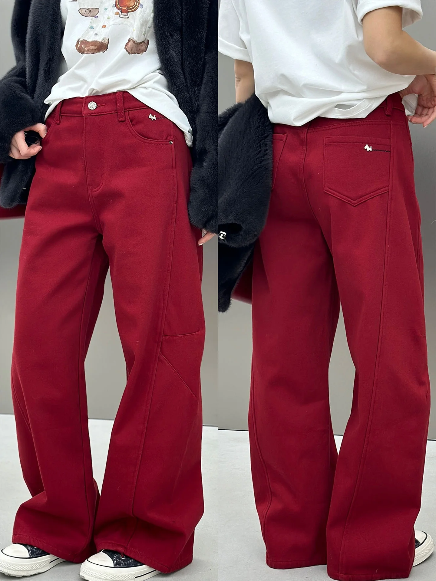 

Red Embroidered Metal Spur Design Fce Lined Thiened Knife Jeans High Waist Straight Leg Casual Women's Denim Pants