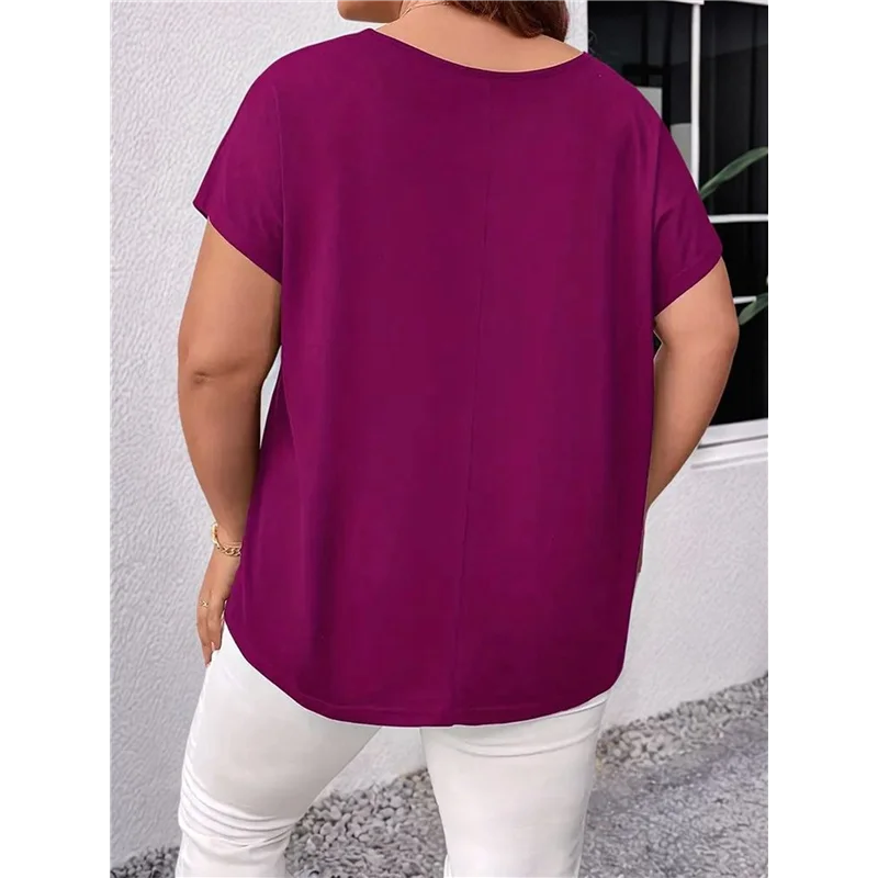 เสื้อแขนสั้นสตรีเสื้อตัดคอวีแต่งตัวลำลองหลวมพอดีเสื้อตัวยาว-A55G