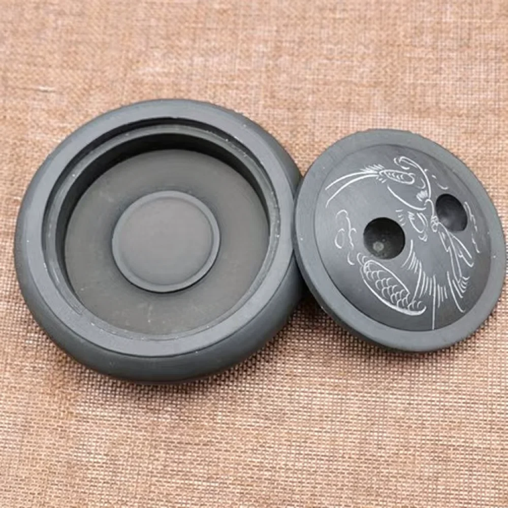 Durable Round Calligraphy Inkstone With Protective Lid Natural Stone Grinding Plate For Art Writing Painting Practice
