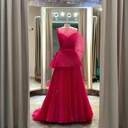 Real Image Fuchsia Pleated Long Formal Party Dresses Strapless A-line Folds Women Wedding Party Dress Maxi Gowns