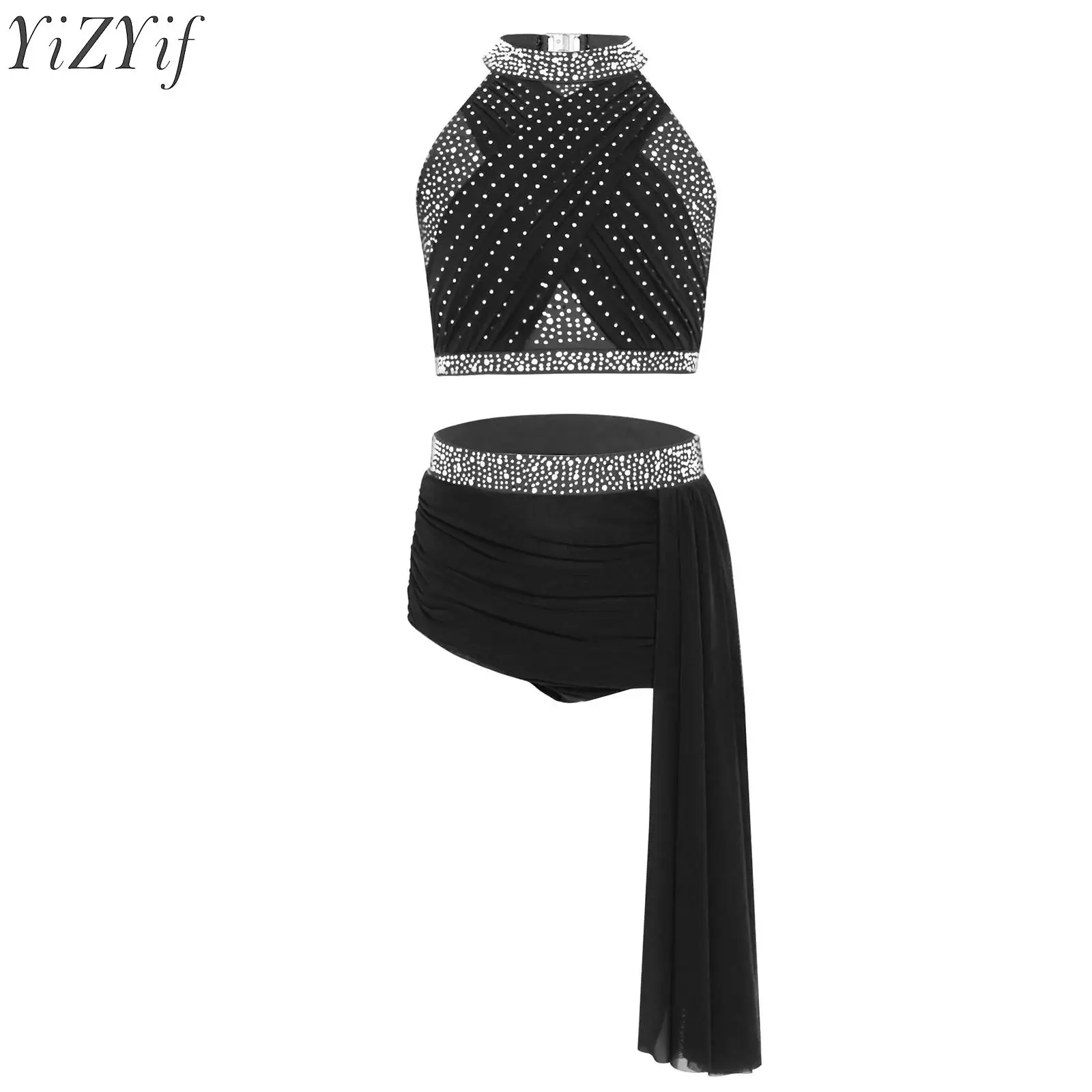 

Kids Girls Lyrical Dance Sets Modern Contemporary Ballet Gymnastics Costume Sleeveless Mesh Overlay Crop Top with Skirt Outfits