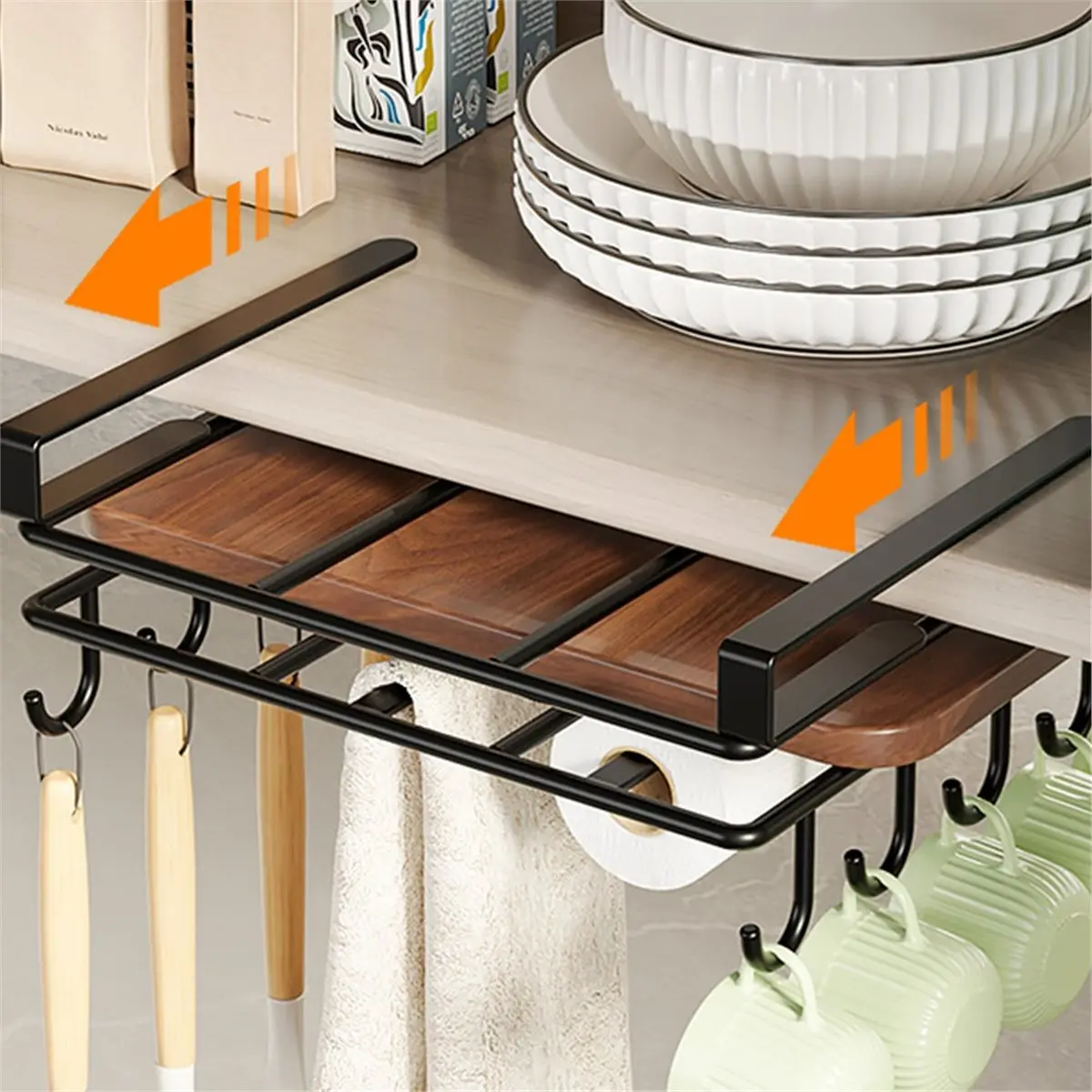 Under Cabinet Chopping Board Holder - Space-Saving Kitchen Organizer with Hooks for Utensils, Tools, and Pantry Items