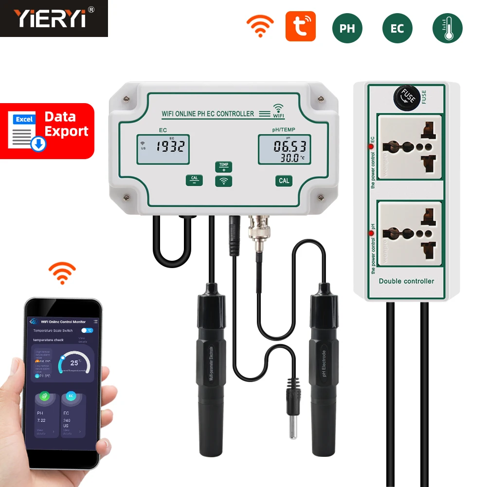Testador de Qualidade da Água para Aquário Wifi Temp ec ph Meter Controlador de Condutividade Hidroponia Nutriente Monitor Online Data Logger