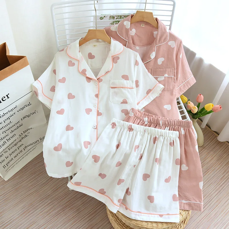 

Fresh Sweet hearts 100% gauze cotton shorts pajama sets women summer short sleeves pyjamas mujer sleepwear