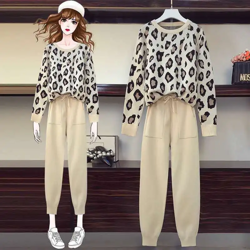 Autumn New Leopard Pattern Knitted Long Sleeve Pullover Slim Fit Pants Two Piece Female Student Set Tracksuit Winter Outfits