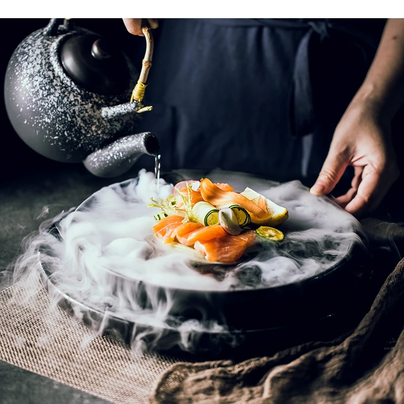 

Поднос для сухого льда Сашими, молекулярная кухня, двухслойная керамическая тарелка, лосось, морепродукты, суши, ресторан, плоское холодное блюдо