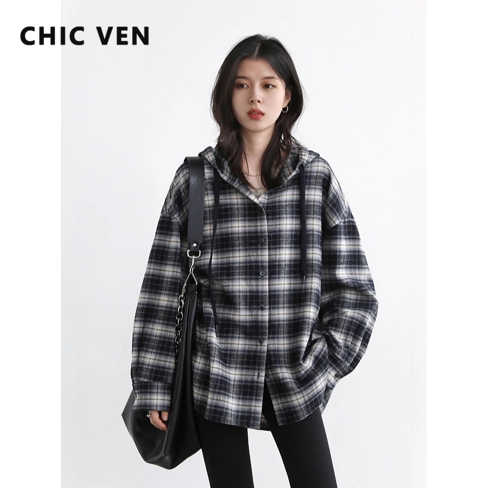 CHIC VEN Women Shirts Korean Casual Loose Hooded Drawstring Brushed Plaid Blouses Female Cotton Clothing Autumn Winter New 2025