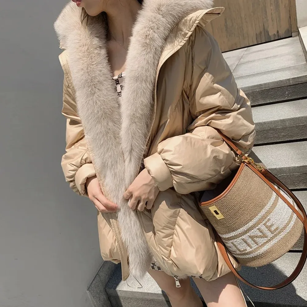 2024 Fashion New Autumn Winter Women\'s Warm Goose Down Jacket with Real Fox Collar Thick Women Coat Luxury Female  Outerwear