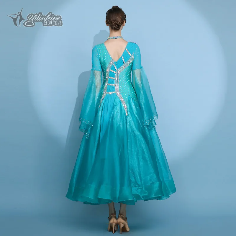 高品質の女性大人のロングダンスウェアヘビーインクピーコックブルー衣装カスタム社交ダンスドレス