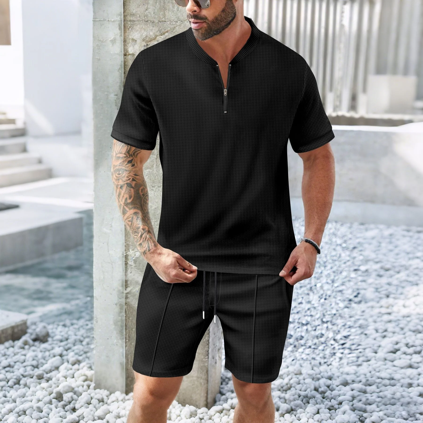 

Men's Summer Casual Zipper Collar ort Sve ort Pants Outdoor Faion Set Cotton Blend Fabric T-irt Sle No Brand