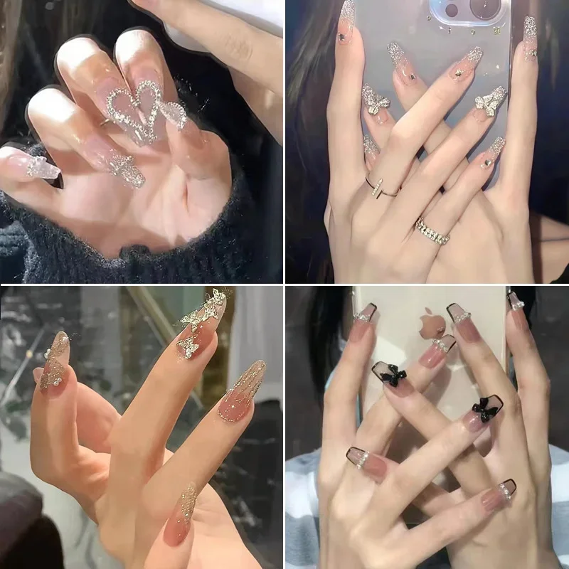 สีชมพูเล็บปลอมกดบนเล็บ Art ยาวเคล็ดลับรูปแบบปลอมด้วยกาว Stick สติกเกอร์ชุดอะคริลิคประดิษฐ์