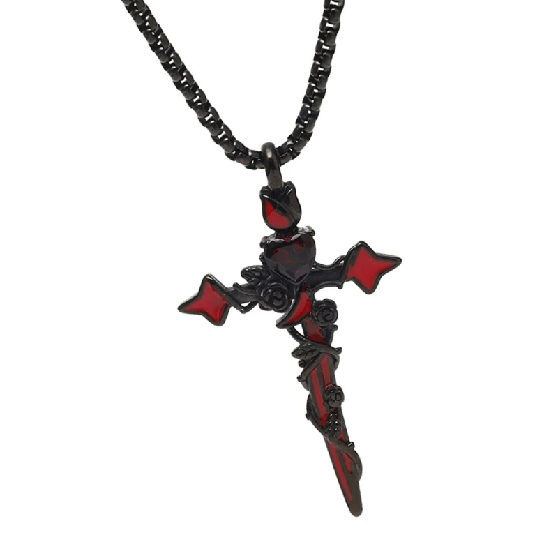 HXBF Thorn Rose Love Heart Crucifix Pendant Necklace Dark Retro Flower Spicy Girls Neckchain Inlaid Rhinestones Design