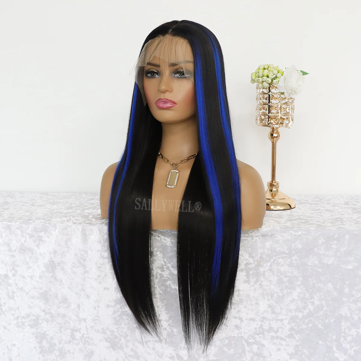 Blue Highlight Straight synthetic Lace Front Wig Blue Skunk Stripe Wig Pre Plucked Natural Hairline Heat Resistant Fiber