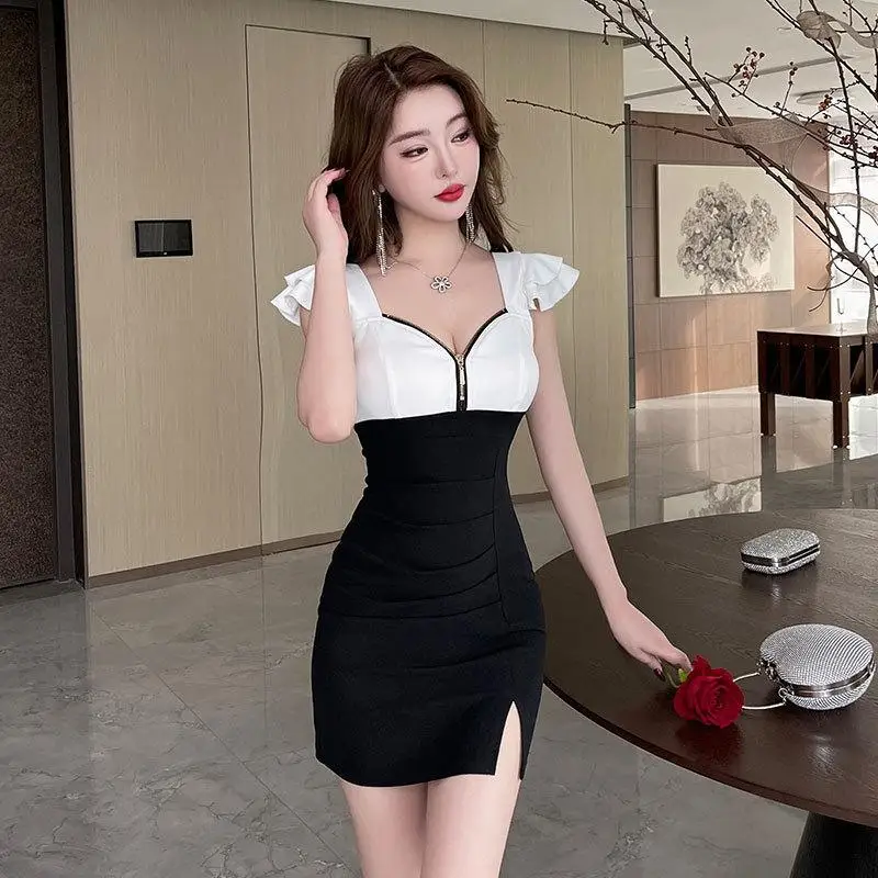 Color BlockingWoman Work Clothe Suit Hotel Waiter Beauty Salon Massage Nail Cafe Sexy Foot Bath Sauna Technician Bodycon Skirt