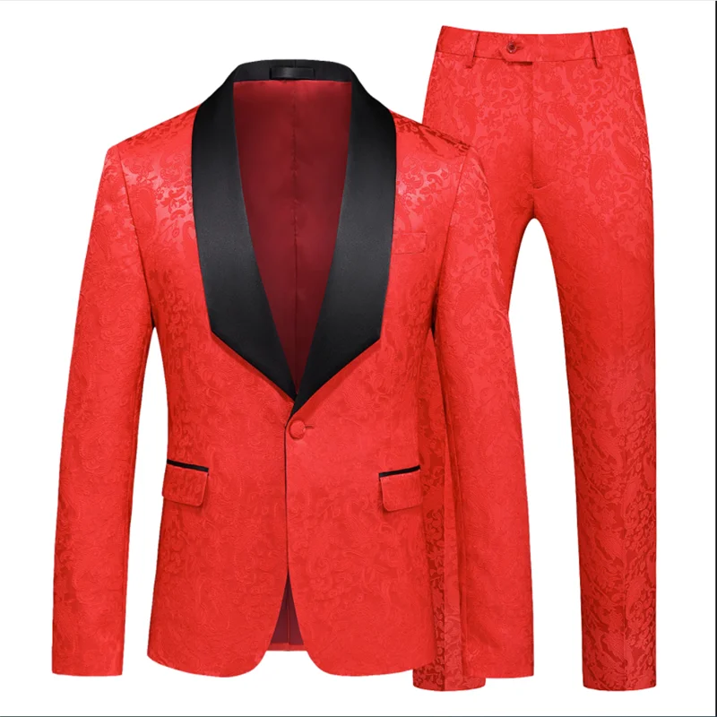 High End Gentleman Jacquard Suit Men Clothing Red Black White Fashion Luxury Men\'s Wedding Party Dress Slim Fit Blazer and Pants