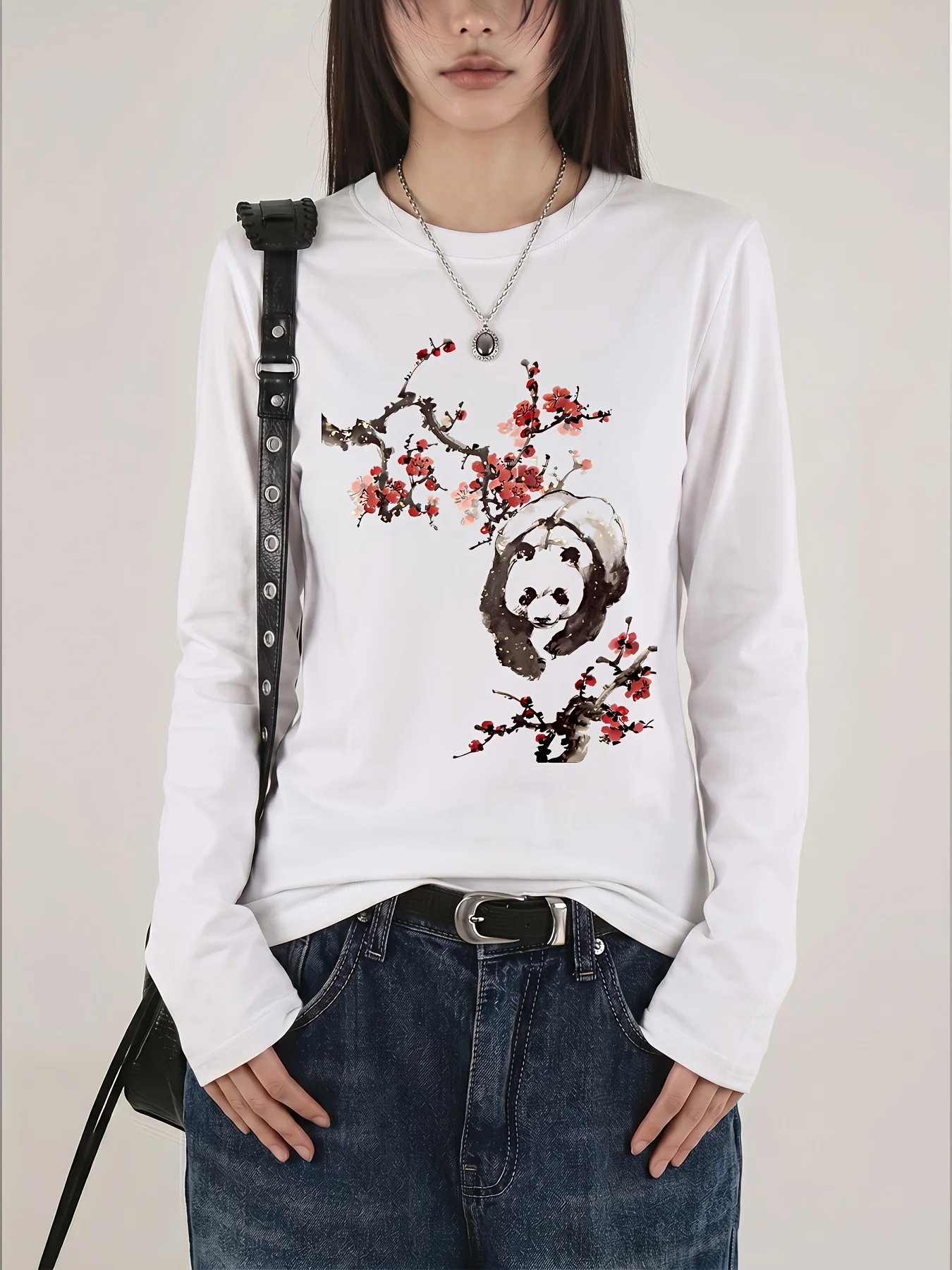 Y2k Panda Red Plum print loose and slimming versatile base shirt, casual sports long sleeved T-shirt top