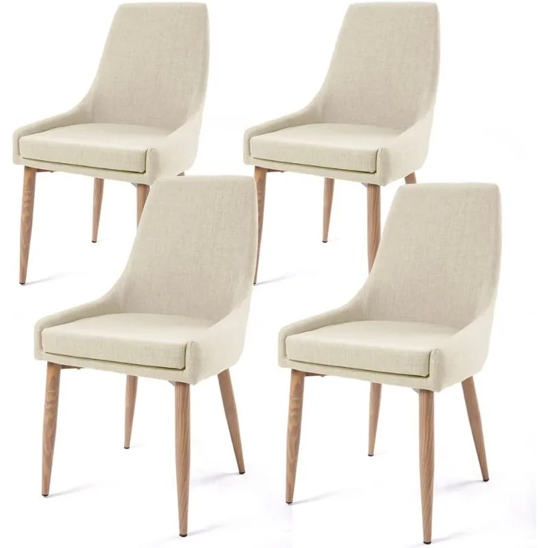 Dining Chairs, Living Room Chair Set of 4 Accent Chair with High Back Beige Fabric Dining Comfy Chair for Kitchen Upholstered