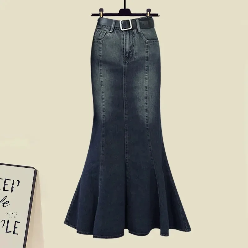 Plus Size Dress Sets Women Fashion Slim Ruffled V-neck Short Sleeve Tops +High Waist Denim Mermaid Skirts Korean Two Piece Set