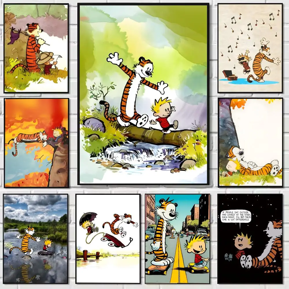 Póster de Anime Calvin y Hobbes, arte de pared de dibujos animados HD, póster extraíble autoadhesivo para el hogar y la sala de estar
