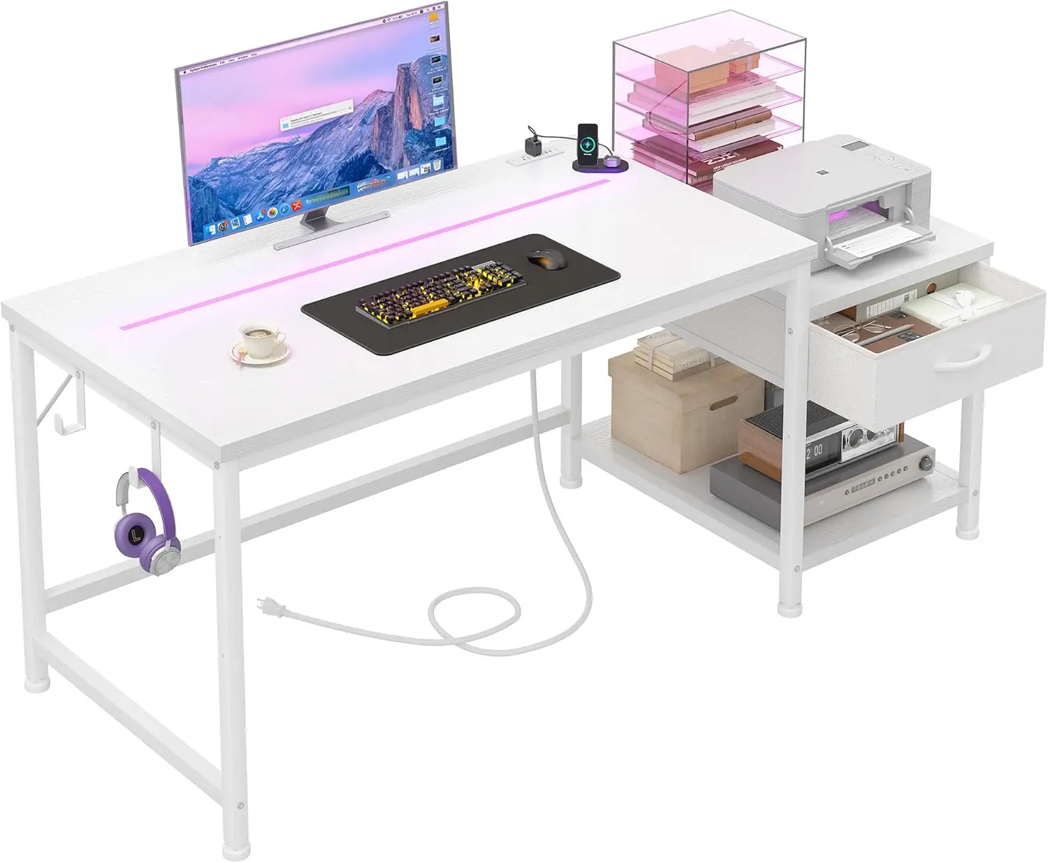 

48.1 Inch White Desk with Drawers & Shelf to Storage,Computer Desk with Power Outlet & LED Lights,Reversible Office Desk