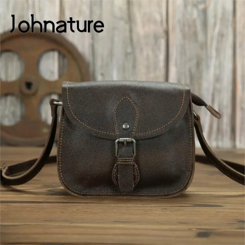 Johnature Simple Bag Genuine Leather All-match Women Shoulder Bags 2024 New Leisure Solid Color Cowhide Lady Small Messenger Bag