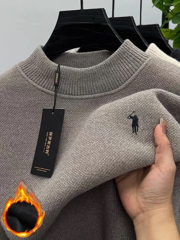 الراقية العلامة التجارية المخملية الرجال مصمم جديد أزياء رائعة المهر التطريز الشتاء سميكة الدافئة جولة الرقبة أعلى بول محبوك سترة #2