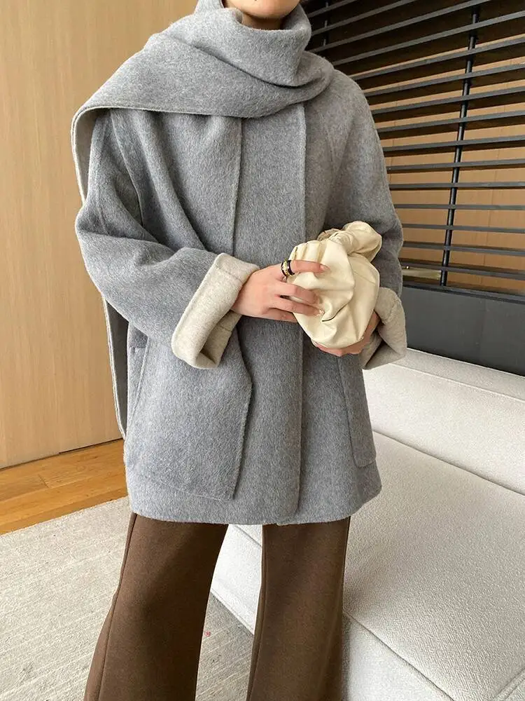 

Coffee With Scarf Big Size Thick Woolen Coat New O-neck Long Sleeve Women Jacket Fashion Tide Autumn Winter