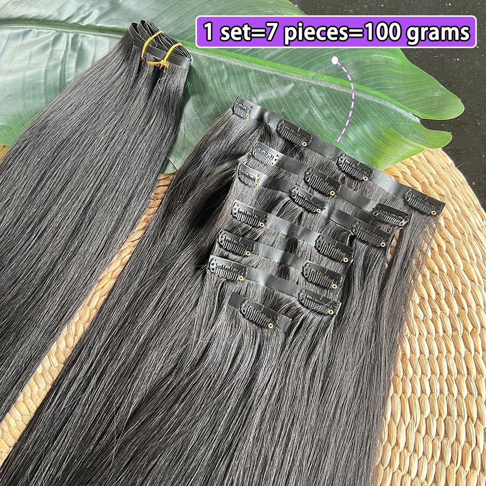 Double Drawn PU Clip Ins Hair Extensions Straight 100% Human Hair Natural Black Color 100g/Set 7pcs Invisible PU Weft Clips Hair