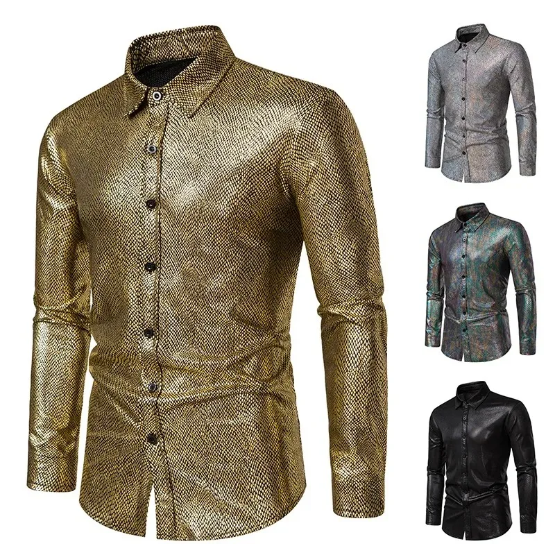 Spring and Autumn New Snake Skin Hot Stamped Stage Costume Banquet Fashion Men\'s Long Sleeved Shirt