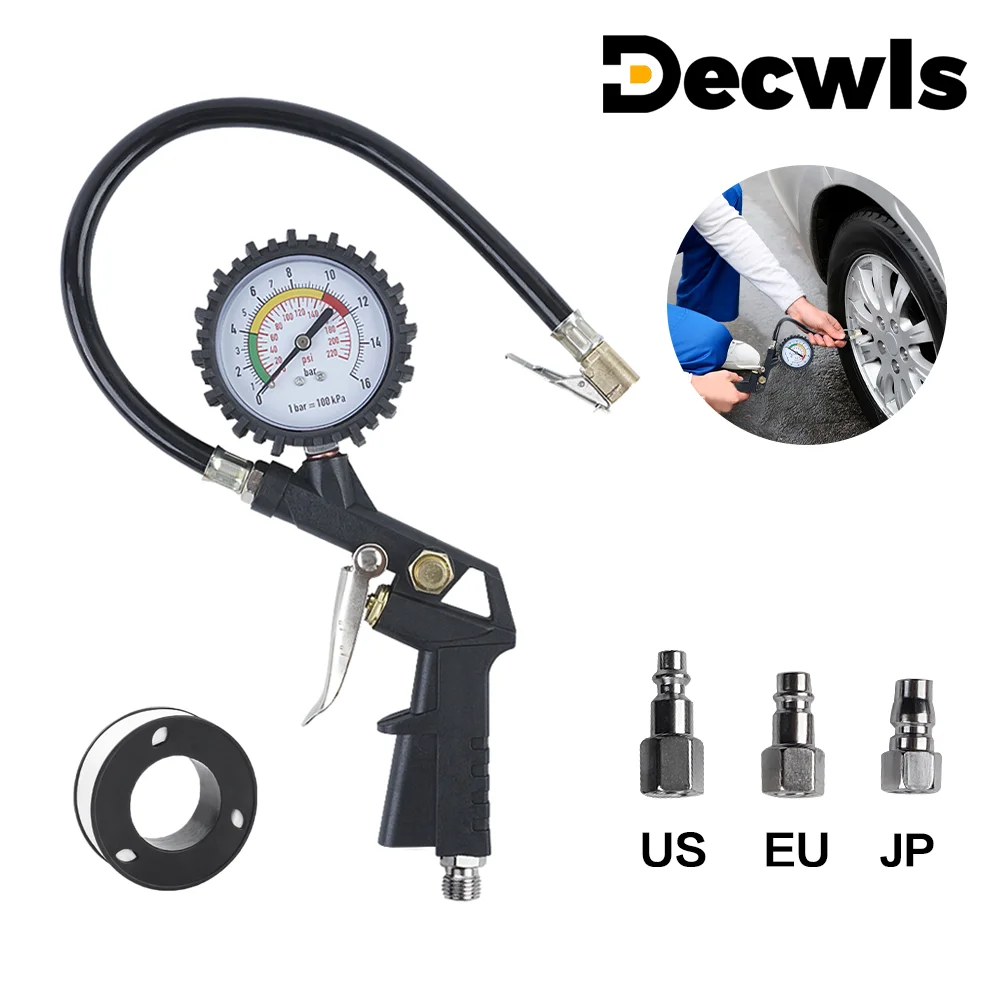 Pistola de pressão de pneus, medidor de pressão de ar de alta precisão de 0-16 Bar/0-220 PSI, ferramenta de medição de pressão de pneus, pode inflar/desinflar, acessórios para bomba de ar de carro