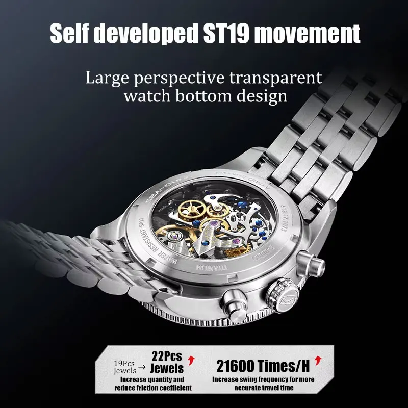 Seagull Men's Mechanical Watch ST19 Chronograph Waterproof Titanium Alloy Wristwatch Men's Watches Sapphire Reloj New 2024 1073