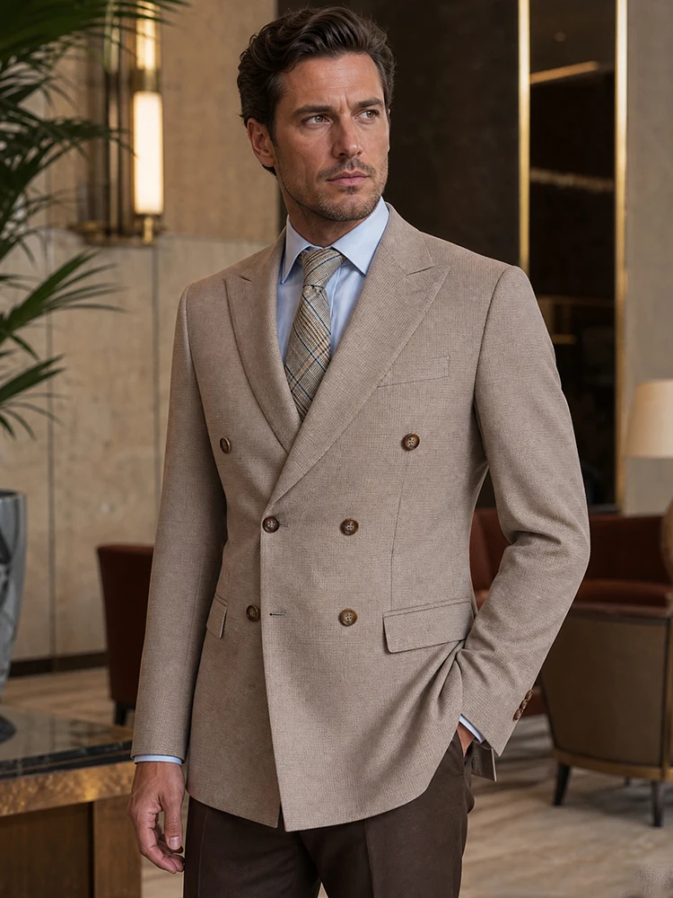 

ST Cassy High Quality Men's Suit khaki Slim Fit Double breasted 2-Piece Set jacket+pants Premium Business Casual Formal Wear