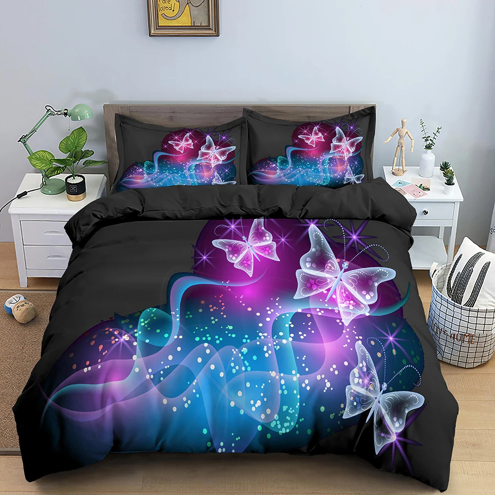 

Galaxy Butterfly King Queen Duvet Cover Pillowcase Black Purple Bedding Set For Kids Girls Princess 2/3pcs Polyester Quilt Cover