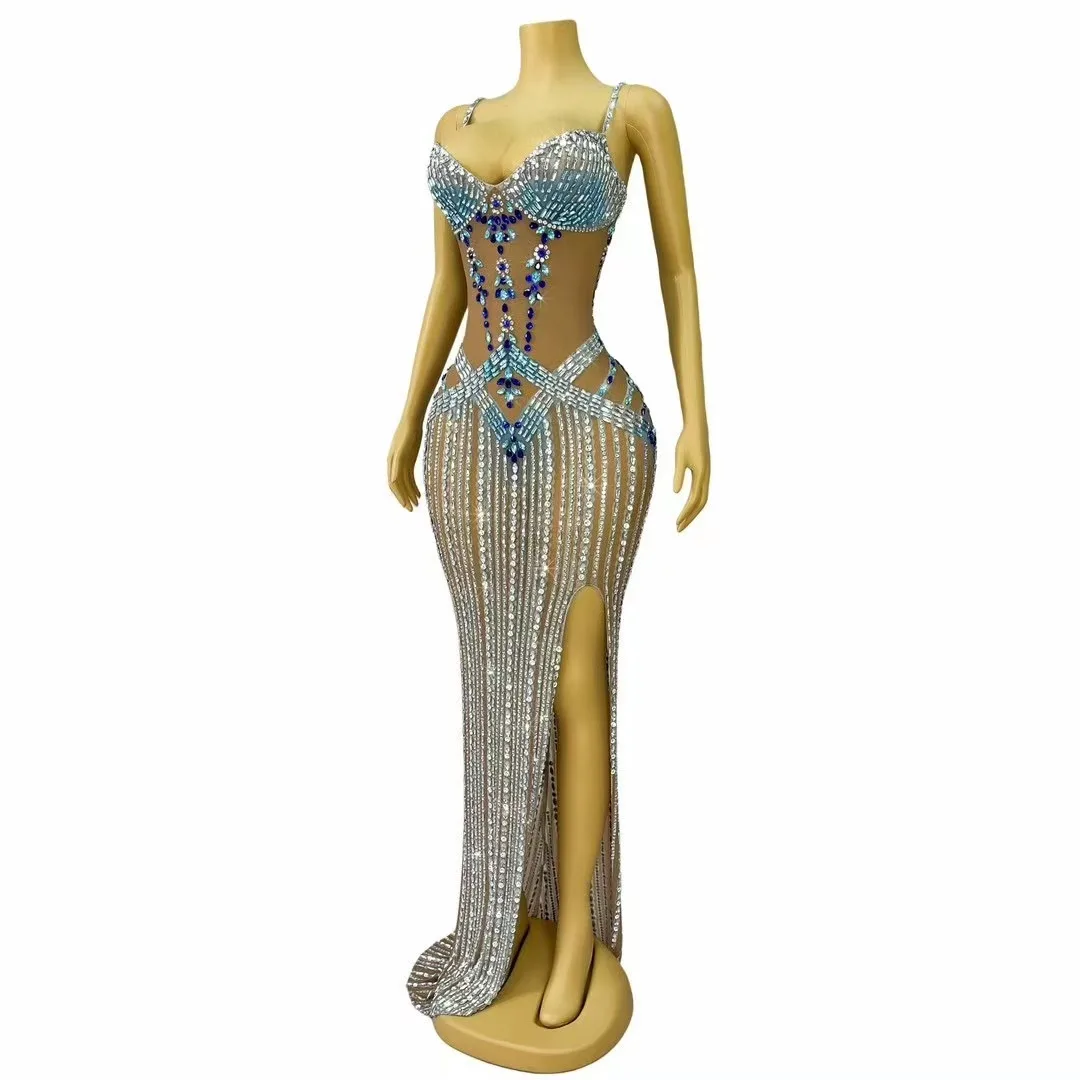 Robe longue à bretelles en maille avec biscuits brillants pour femmes, robe de luxe élégante, fente haute, robe de Rh, tapis rouge, séance photo, quoi que ce soit