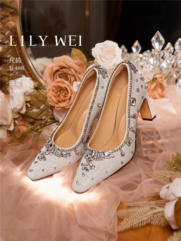 

Spring new square toe shallow sequin rhinestone thick heel wedding shoes banquet large size small size high-heeled women's shoes